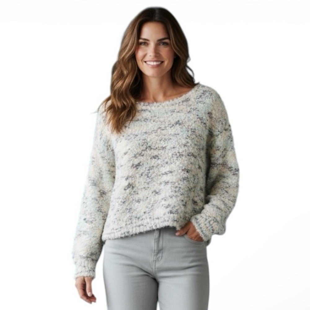 Miracle Gray Blue Multi Scoop Neck Long Sleeve Knit Sweater
